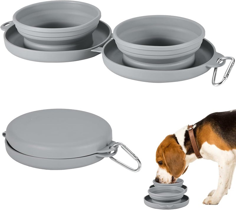 PNEUICALLY Collapsible Dog Water Bowl 2 in 1 Foldable Pet Food and Water Bowl Portable Cats Dishes with Carabiner Clip for Traveling Hiking Camping Walking (Grey) - Image 1